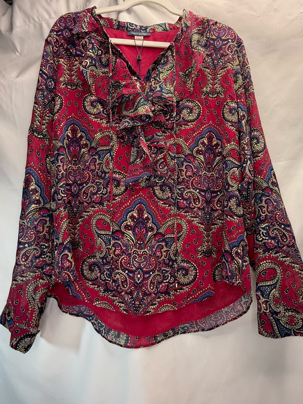 Tommy Hilfiger Womens XL Raspberry Red Paisley Ruffle V-Neckline Blouse NWT